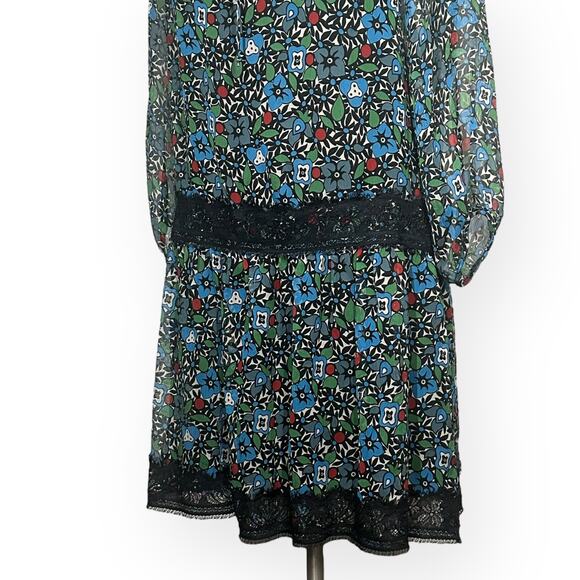 ANNA SUI 100% Silk Retro Dress Drop Waist Floral Sheer Cottagecore Chiffon 4 - Picture 5 of 10